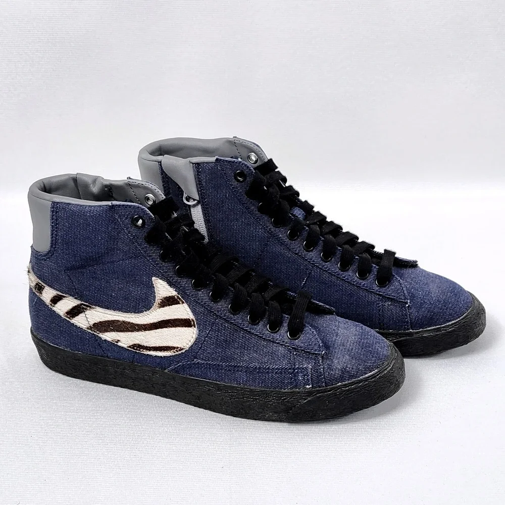 Nike ID Blazer High Top Sneakers Womens Size 9 Custom Denim Canvas Zebra‎ Swoosh
